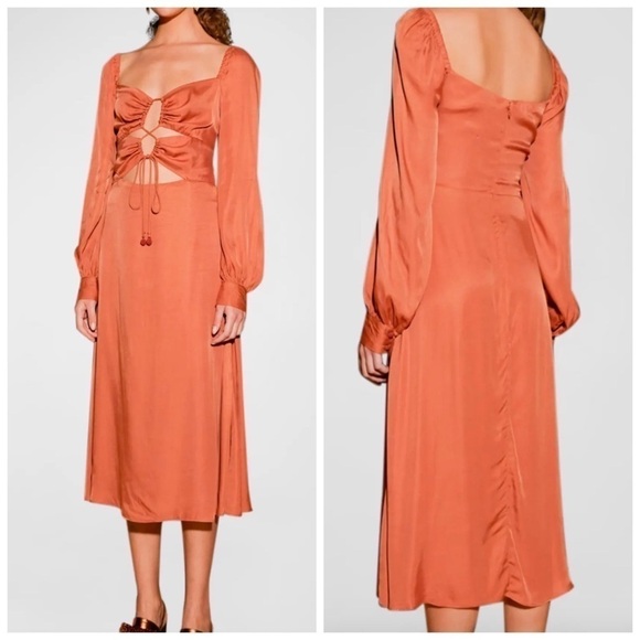 Farm Rio Caramel Cutout Front-Tie Satin Midi Dress - Picture 3 of 15